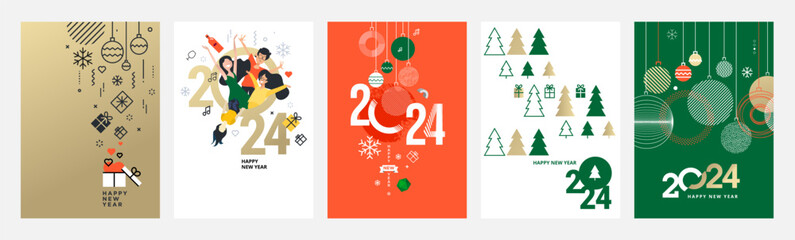 Happy New Year 2024 greeting cards set. Vector illustration concepts for background, greeting card, party invitation card, website banner, social media banner, marketing material.