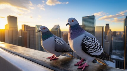 Feathered friends in the city: Pigeons cuddle on a rooftop railing. Discover the heartwarming moments of urban birdlife - obrazy, fototapety, plakaty