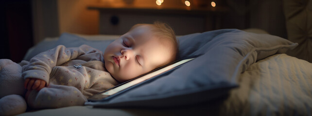 Obraz na płótnie Canvas Baby Alpha: Newborn Serenely Slumbers with Illuminated Tablet, Embracing Digital Age