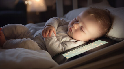 Digital Beginnings: Newborn Asleep by the Glowing Tablet, a Symbol of Generation Alpha - obrazy, fototapety, plakaty