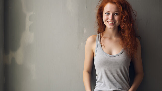 Young woman with long red hair and freckles leans casually against a wall
