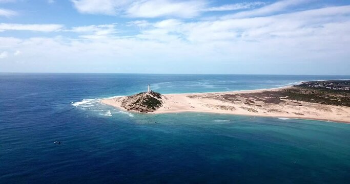 Faro de Trafalgar, aerial view of the lighthouse at a sandy headland with dunes between Los Ca&ntilde;os de Meca and Zahora, Conil de la Frontera, Vejer de la Frontera, Costa de la Luz, Andalusia, Spain