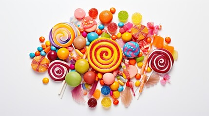  a variety of candies and lollipops on a white background.  generative ai