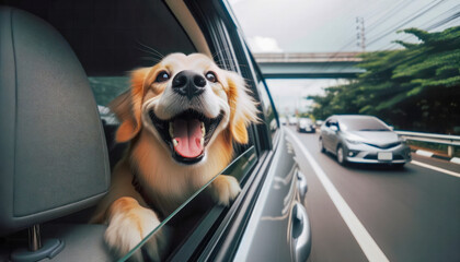 A dog, exuding happiness with its mouth open, gazes out of the rear window, taking in the surroundings and feeling the wind