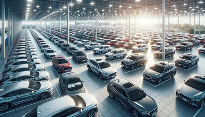 High-resolution image capturing the expanse of a car dealer's inventory. Rows of cars gleam under the sunlight, each tagged and ready for sale