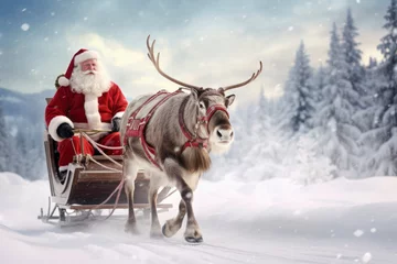 Fotobehang Christmas Adventure: Santa's Sleigh Ride with Rudolph in Snowy Scenic © Mr. Bolota