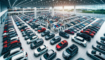 Photo of a vast car dealer lot filled with a variety of cars lined up for sale.