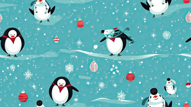  a group of penguins with christmas decorations on a blue background.  generative ai