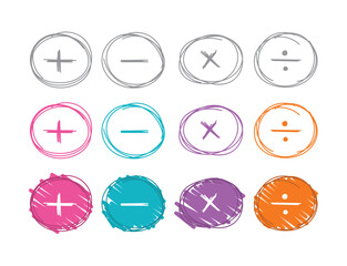 hand drawing four process symbols in mathematics. scribble addition, subtraction, multiplication and division symbols. vector mathematical symbols