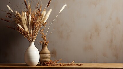  a couple of vases filled with dried plants on a table.  generative ai