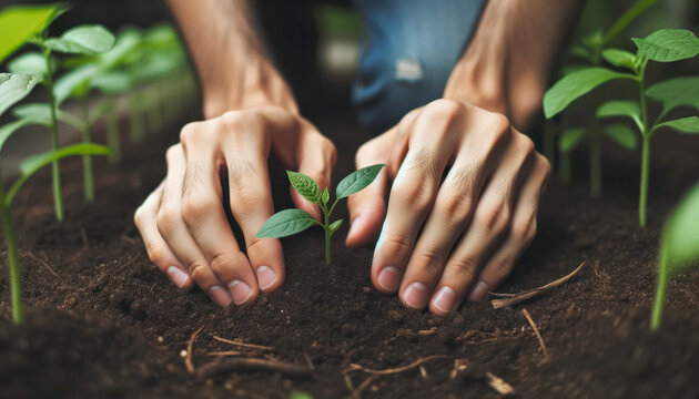 Close-up photo of hands delicately planting a sapling in a community garden.