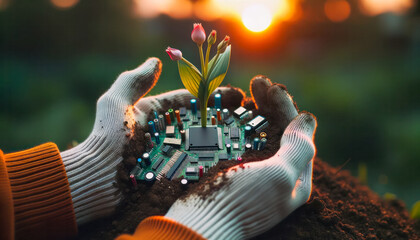 Startup concept: hands holding a seedling growing from a microchips