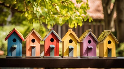 delightful collection of colorful bird houses lined up in a row, each one uniquely handcrafted. An inviting neighborhood for our feathered friends