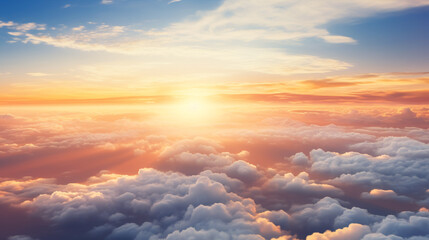 From the airplane's cabin, a breathtaking view of the sun setting in a sky filled with clouds,...