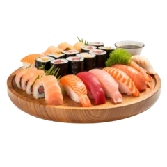 Zelfklevend Fotobehang Sushi platter: Assorted sushi rolls and sashimi on a platter. isolated © olegganko