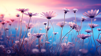 An artistic portrayal of wildflowers like chamomile and purple peas, featuring a morning butterfly in cool blue tones..