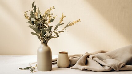  a vase with a plant in it next to a vase with a cloth.  generative ai