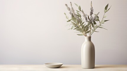  a white vase with a plant in it next to a bowl.  generative ai
