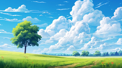 A summer poster with a blue sky, beautiful clouds, meadow trees, and a plain landscape background creates a great holiday view.