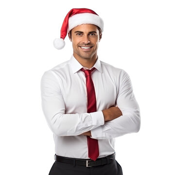 Handsome business man in white shirt and santa cap isolated