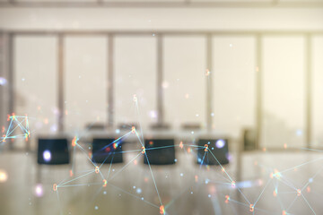 Double exposure of abstract virtual technology hologram on a modern meeting room background. Research and development software concept