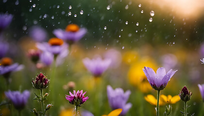 A peaceful afternoon, gentle rain falling on a field of wildflowers, each droplet reflecting the vibrant colors of the flowers