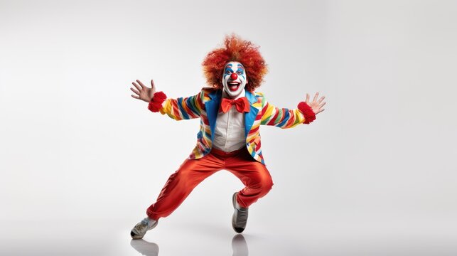 A funny and colorful clown, full of laughter and joy, stands against a pristine white background."