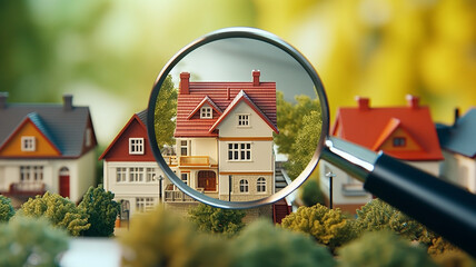 Searching for house lodging and property with magnifying glass. Hunt for new house or home: real estate loan, mortgage, investments, and housing development concept - obrazy, fototapety, plakaty