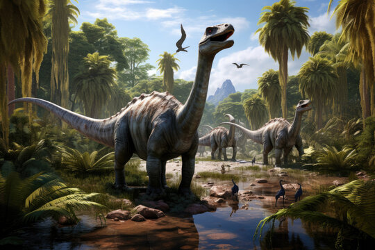 Dinosaurs in the Triassic period age in the green grass land and blue sky background, Habitat of dinosaur, history of world concept.