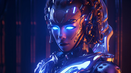 3D cyberpunk cyborg concept, featuring glowing neon lights, high-tech armor, and a dynamic display of energy and light