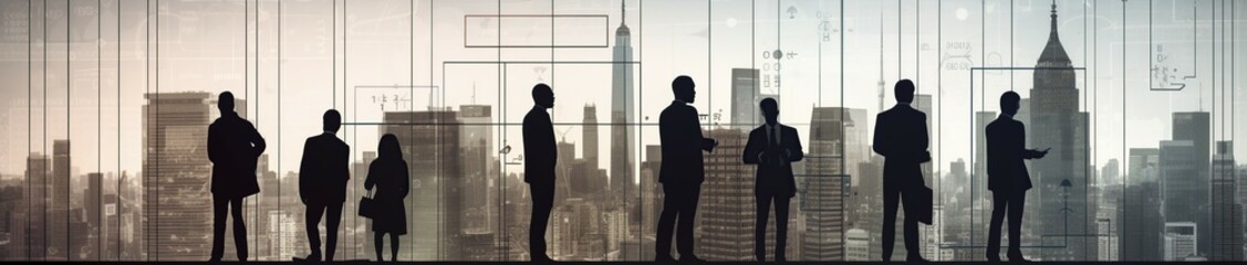 illustration, exhibits with silhouettes of businessmen graphics