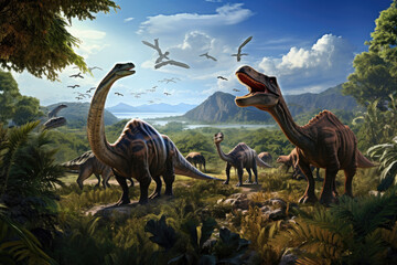 Fototapeta premium Dinosaurs in the Triassic period age in the green grass land and blue sky background, Habitat of dinosaur, history of world concept.