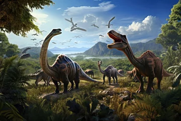 Foto op Plexiglas Dinosaurus Dinosaurs in the Triassic period age in the green grass land and blue sky background, Habitat of dinosaur, history of world concept.