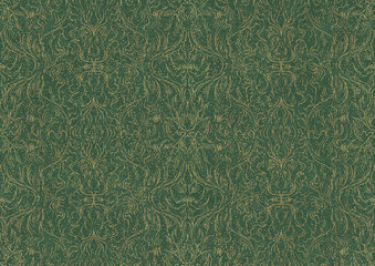 Hand-drawn unique abstract symmetrical seamless gold ornament and splatters of golden glitter on a warm green background. Paper texture. Digital artwork, A4. (pattern: p11-1b)
