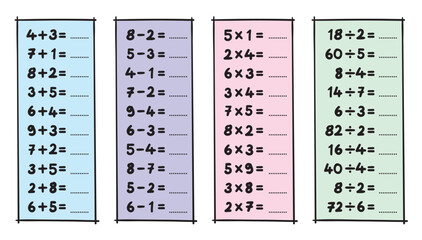 hand drawing mathematics in four process samples. examples of addition, subtraction, multiplication and division in mathematics