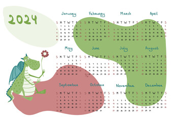 Calendar for 2024 with cute dragon, the Chinese symbol of the year. Illustration of the Year of the Dragon in 2024. Vector illustrations for kids.