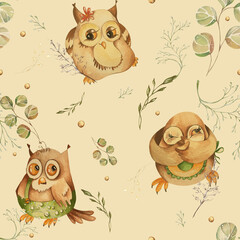 Autumn seamless pattern with cute cartoon owls and leaves. Watercolor children illustration on a white background. for design.
