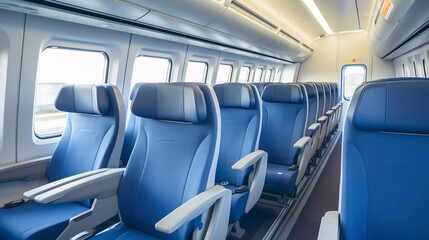 Vacant interior of a contemporary passenger train cabin.