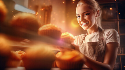 Cheerful female baker portrait proudly displaying her scrumptious cakes, sunlight background, smiling baker is happy to treat you to her delicious culinary masterpieces, passion for cooking