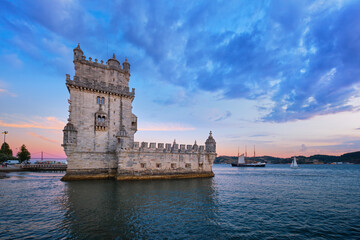 Belem Tower or Tower of St Vincent - famous tourist landmark of Lisboa and tourism attraction - on...