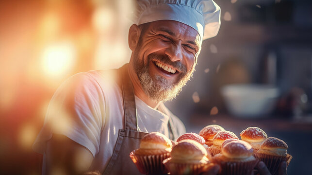 Cheerful male baker portrait proudly displaying his scrumptious cakes, sunlight background, smiling baker is happy to treat you to his delicious culinary masterpieces, passion for cooking