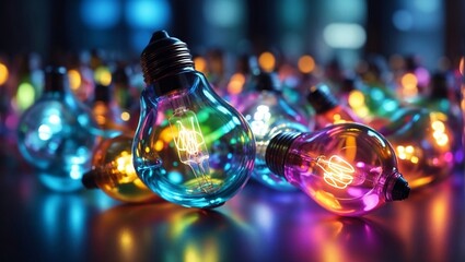 Vibrant Array of Multicolored Light Bulbs on Transparent Glass.
