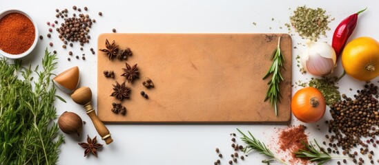 Cooking recipe template with empty cutting board knife and spices