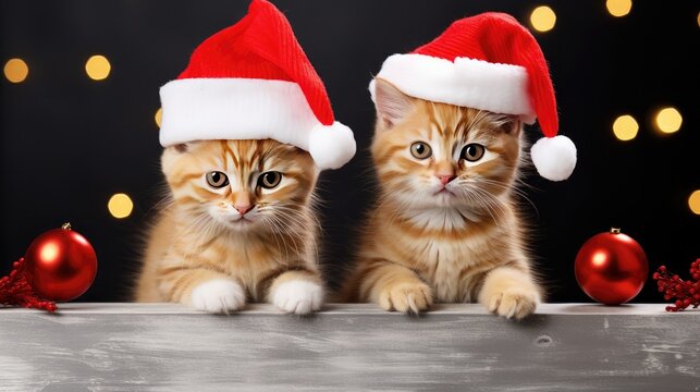 joy of the season with festive feline friends donning Christmas hats, posing