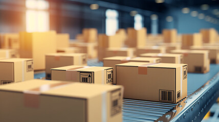 close-up carton boxes on the conveyor belt warehouse