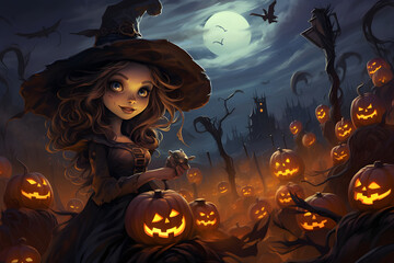 Halloween, little witch with pumpkin, moonlight night.