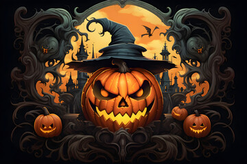Halloween, scary pumpkin witch
