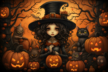 Halloween, liittle wich with cats and pumpkins