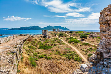 Fototapeta na wymiar Seaside landscape with panoramic view of Methoni Castle a medieval fortification in the port town of Methoni, Messinia Peloponnese, Greece