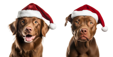 Set of Festive Brown Dogs Wearing Santa Claus Hats for Christmas isolated on transparent background - Generative AI